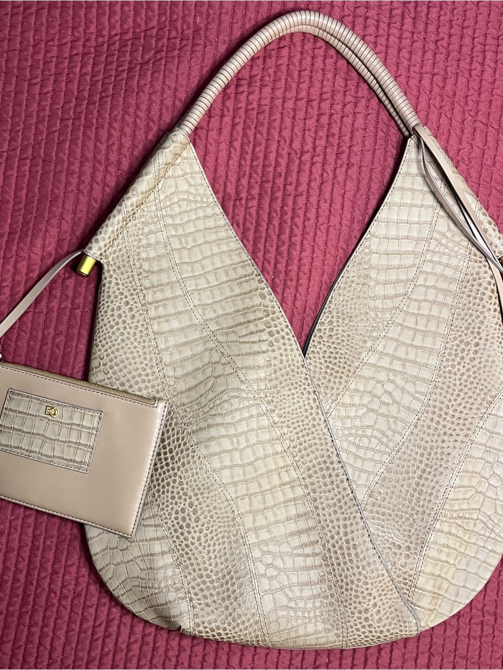 Donna Karan Baldwin Large Croco Wave Leather Shoulder Bag Tan Almond *NWOT* $468 - Picture 6 of 13